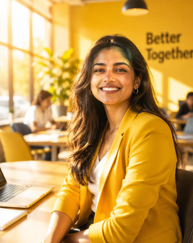 Immigrant founder smiling in a sunny coworking space